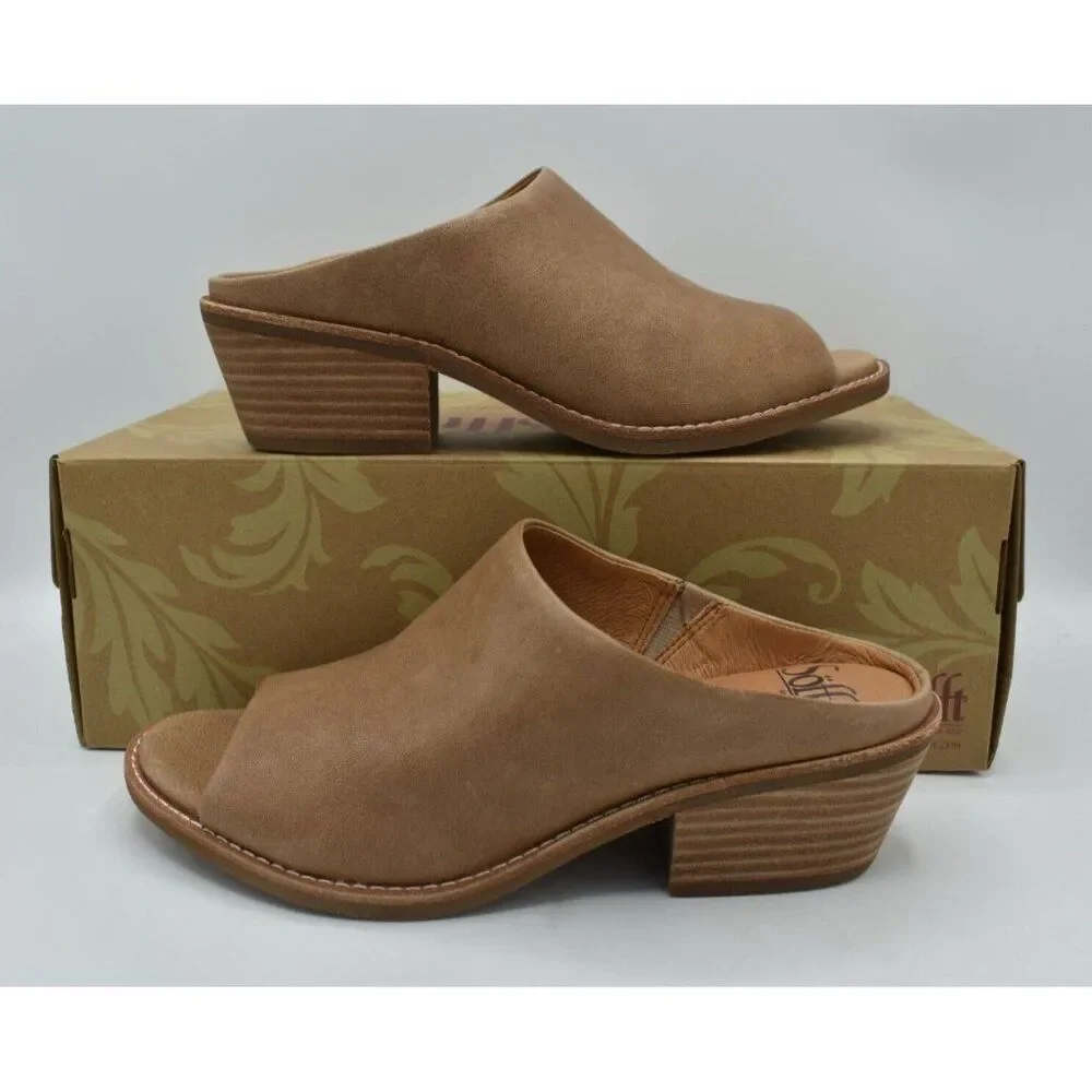 Sofft Women Sz 8 Aneesa Light Taupe Leather Slip On Heeled Mules Sandals Shoes - Picture 3 of 12